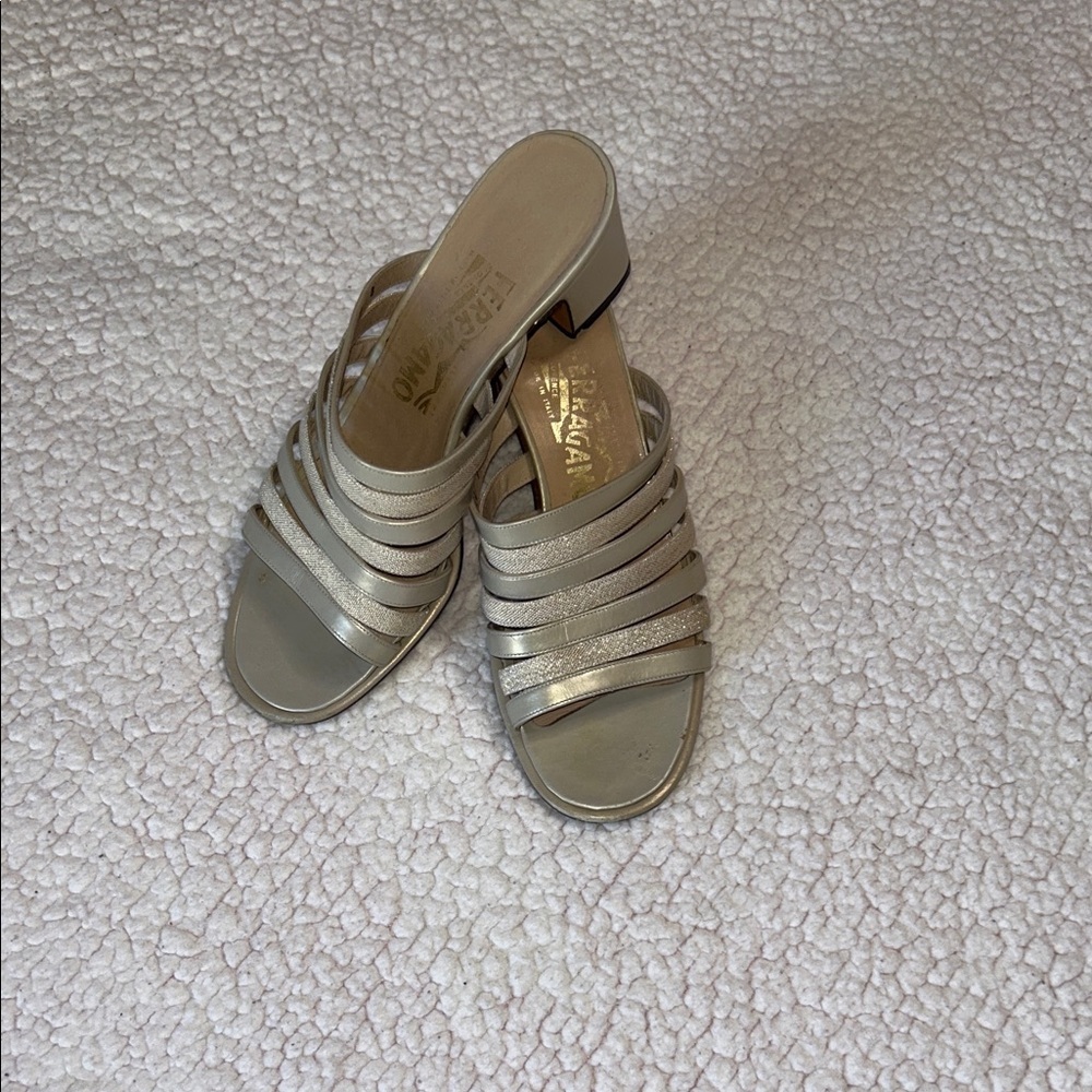 Salvatore Ferragamo Metallic Gold Strappy Mules - Picture 8 of 14